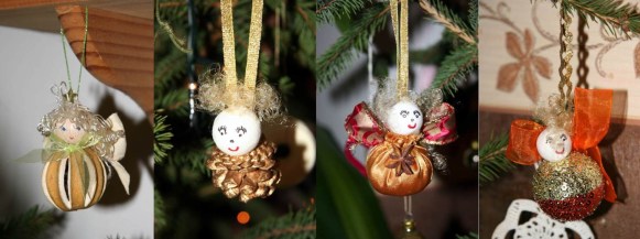 Négy angyalka csüng a fán, a jobb szélső csupa flitterben (na ezt macerás lehetett teletüzdelni)